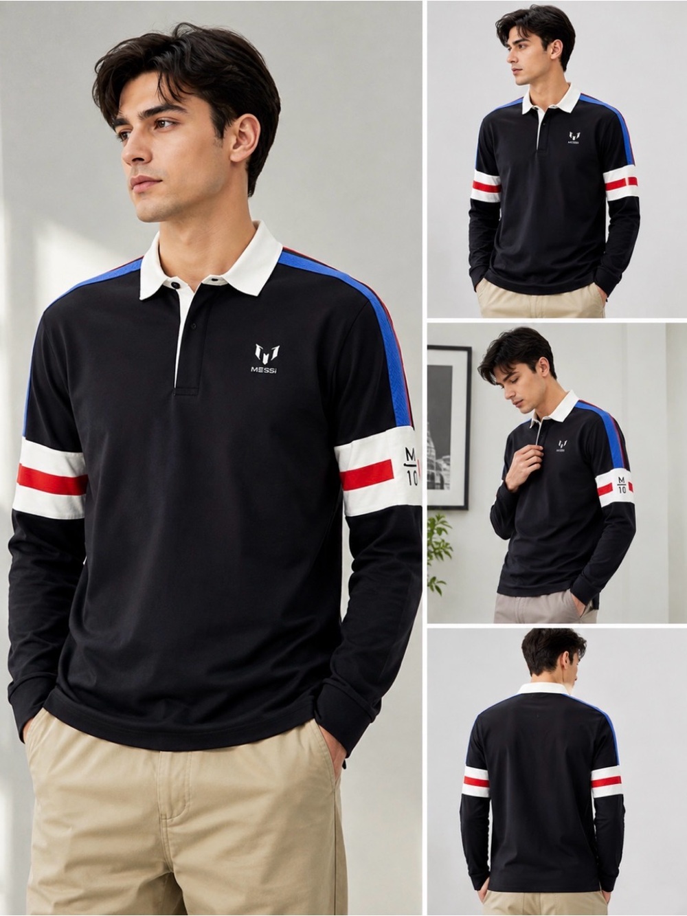 Messi Men’s Black Long Sleeve Polo Shirt Striped Size S